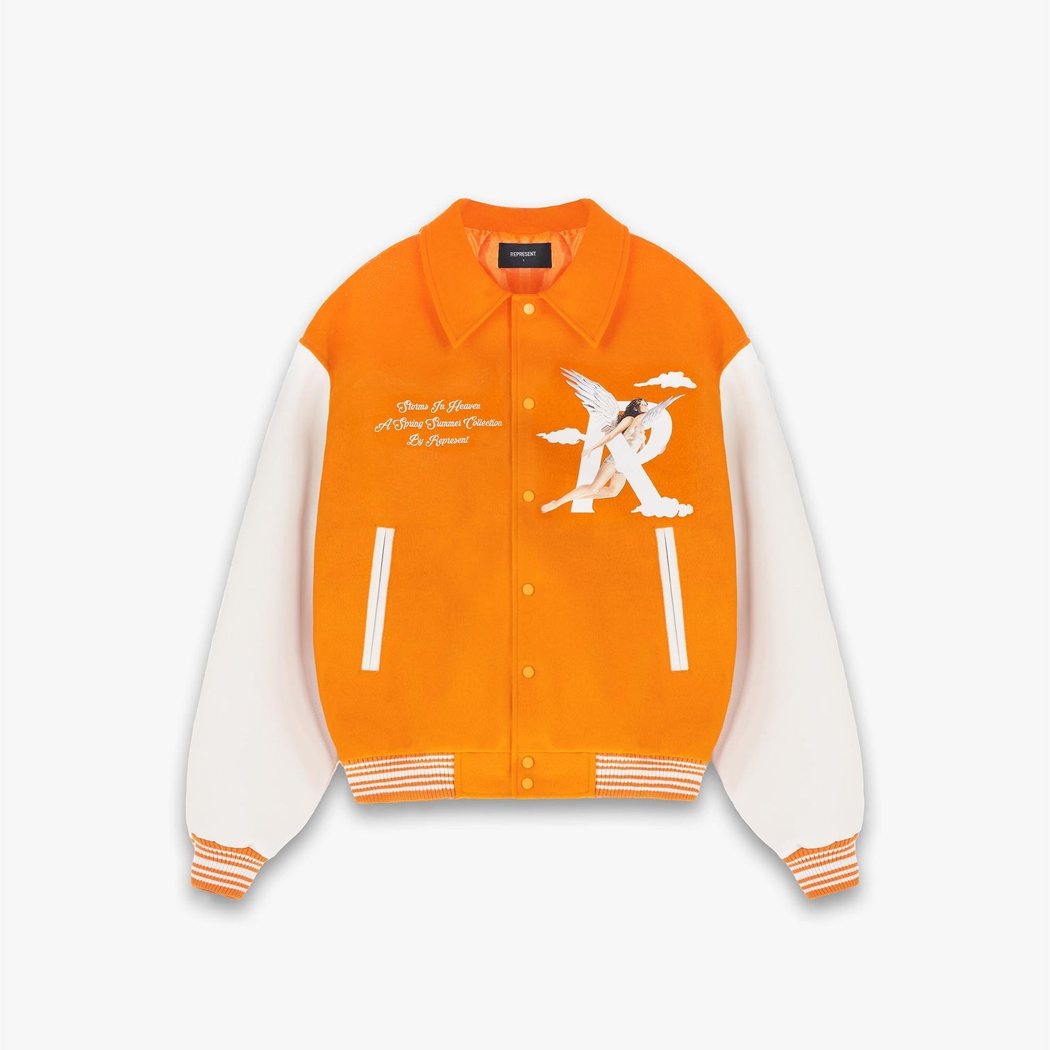 Represent Storms In Heaven Varsity Jacket Neon Orange – Exceed