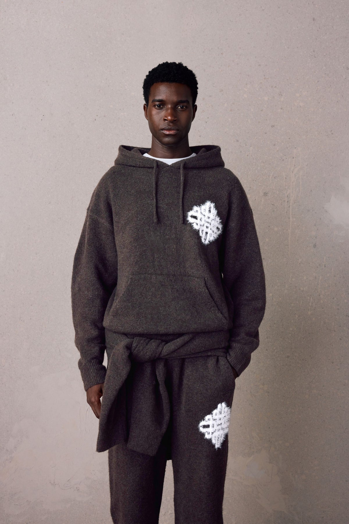 Couture Club Emblem Fluffy Knit Hoodie - Brown