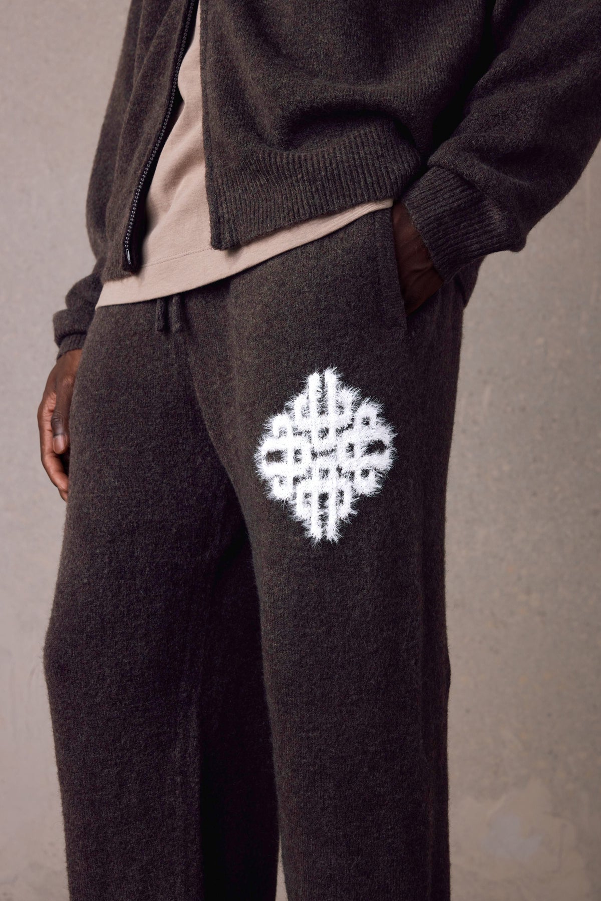 Couture Club Emblem Fluffy Knit Joggers - Brown