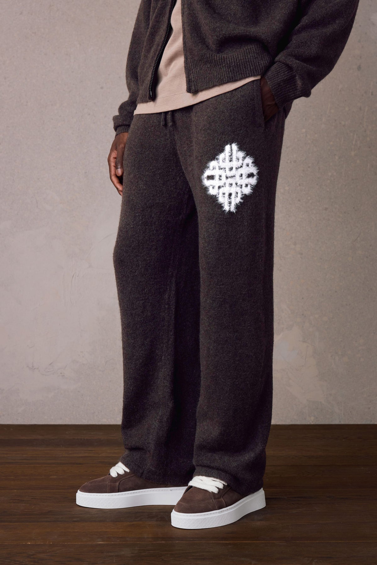 Couture Club Emblem Fluffy Knit Joggers - Brown