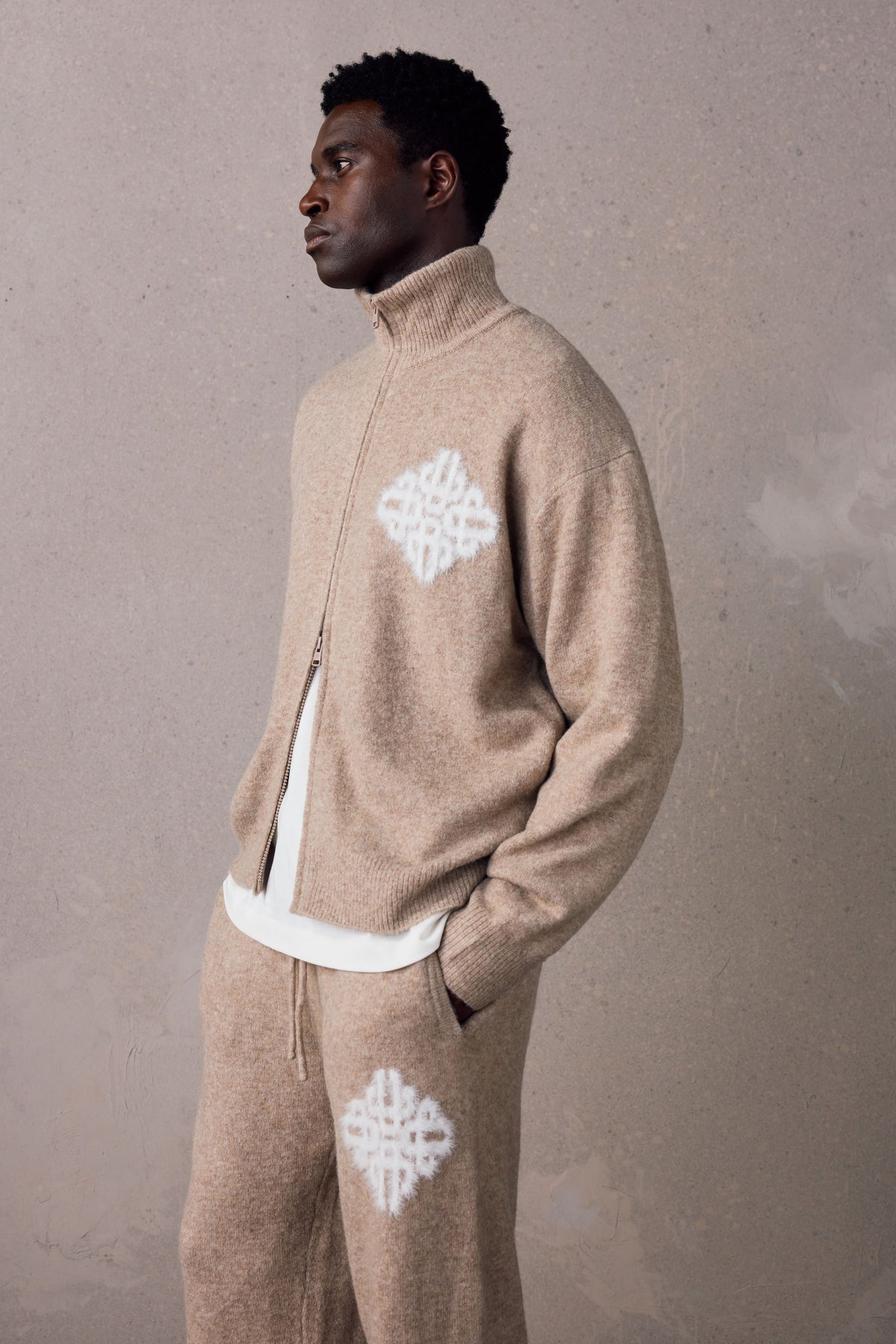 Couture Club Emblem Fluffy Knit Funnel Neck - Beige