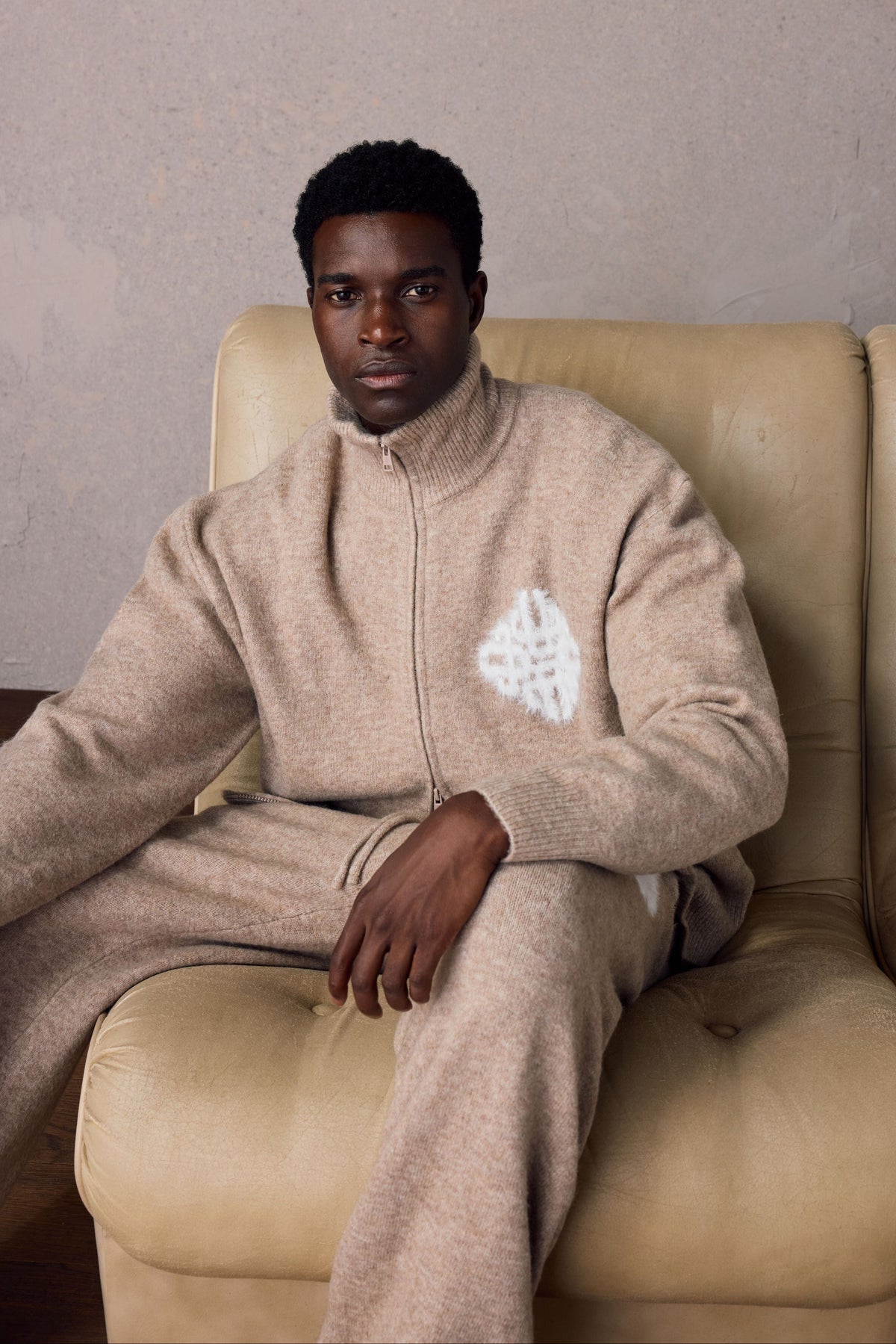 Couture Club Emblem Fluffy Knit Funnel Neck - Beige