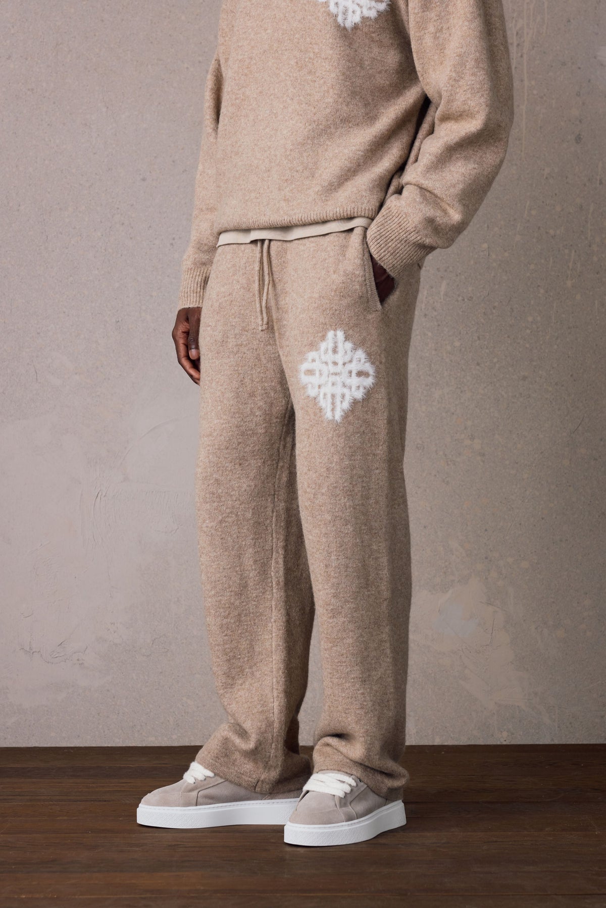 Couture Club Emblem Fluffy Knit Joggers - Beige