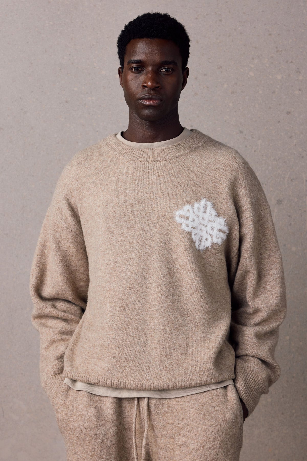 Couture Club Emblem Fluffy Knit Crew - Beige