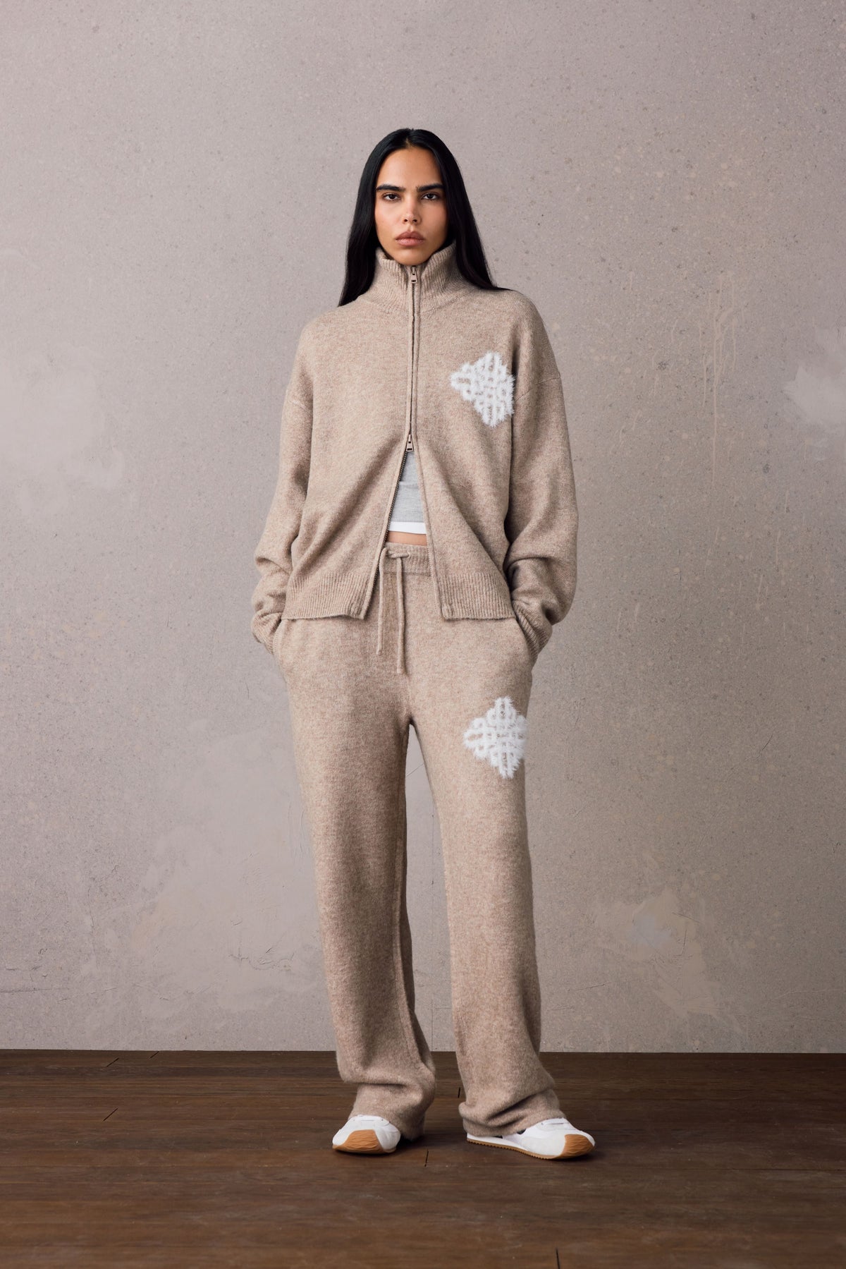 Couture Club Emblem Fluffy Knit Funnel Neck - Beige