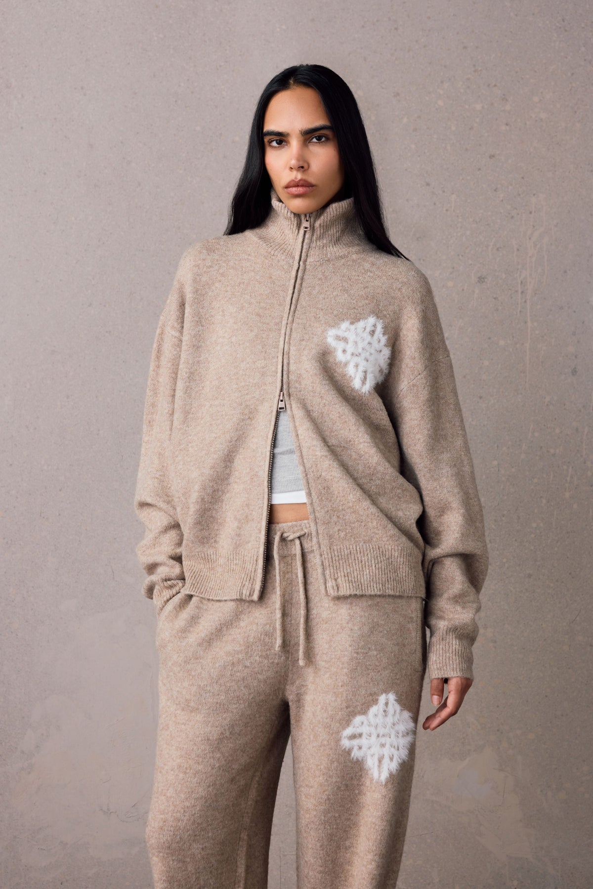 Couture Club Emblem Fluffy Knit Funnel Neck - Beige