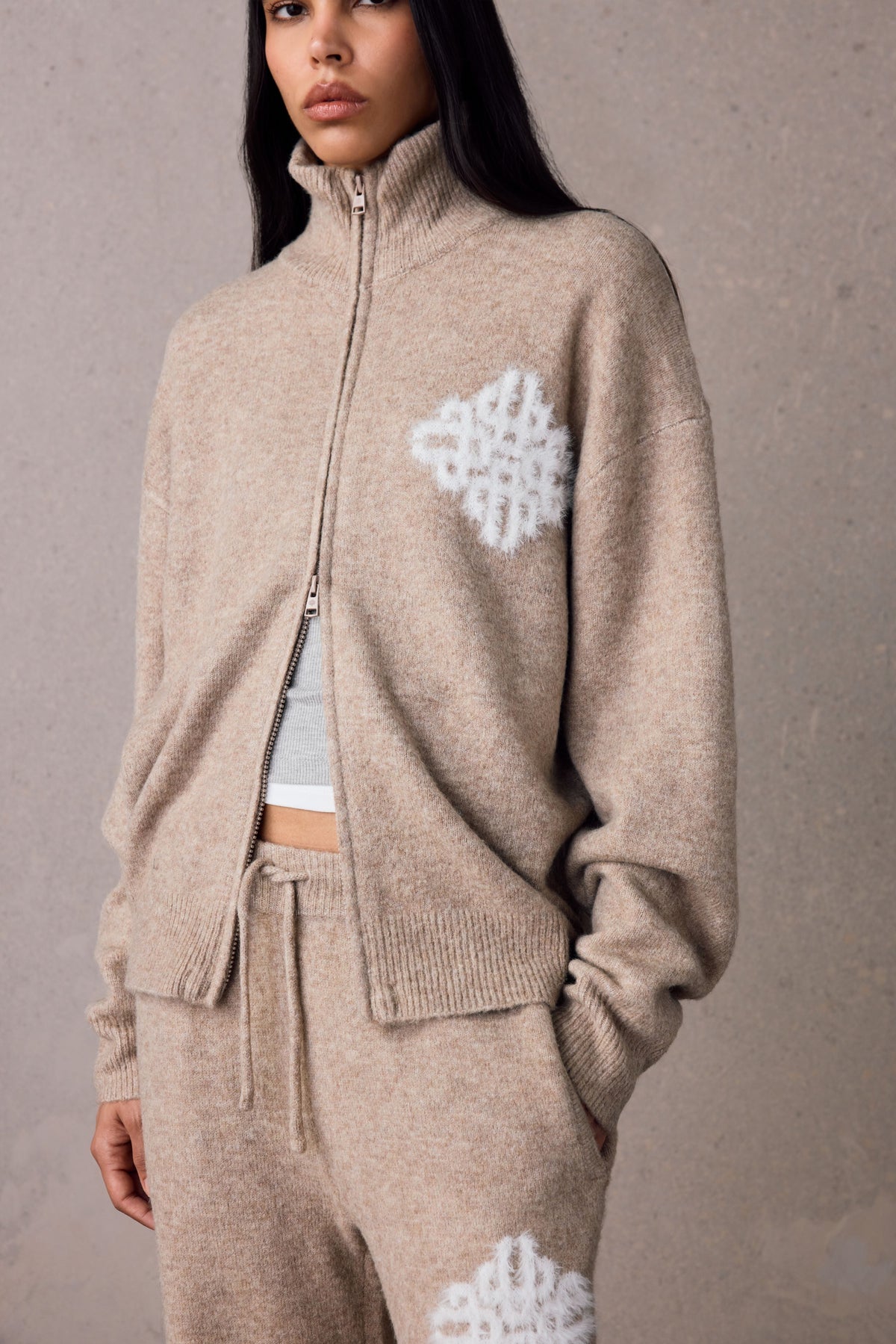 Couture Club Emblem Fluffy Knit Funnel Neck - Beige