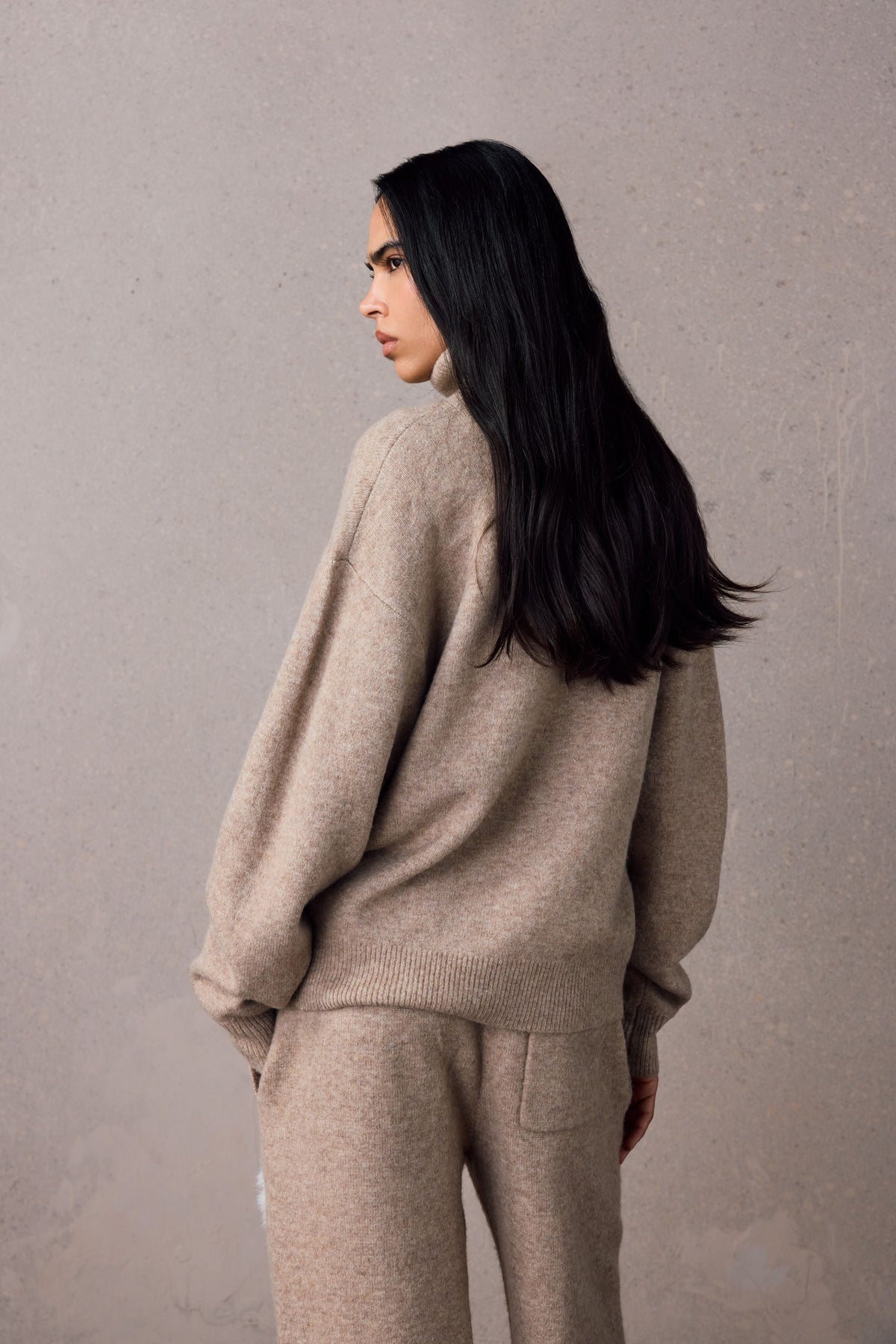 Couture Club Emblem Fluffy Knit Funnel Neck - Beige