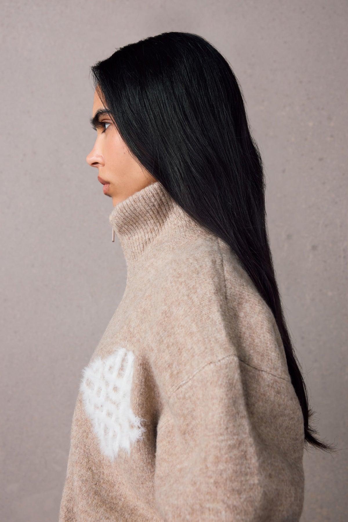 Couture Club Emblem Fluffy Knit Funnel Neck - Beige