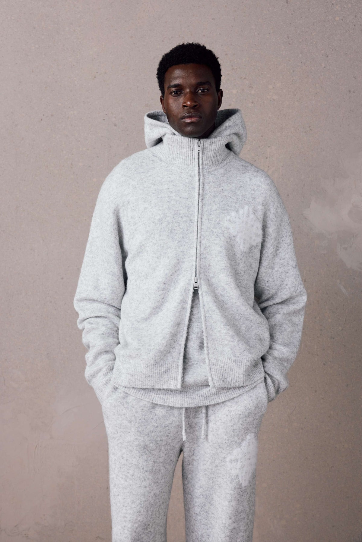 Couture Club Emblem Fluffy Knit Funnel Neck - Grey Marl