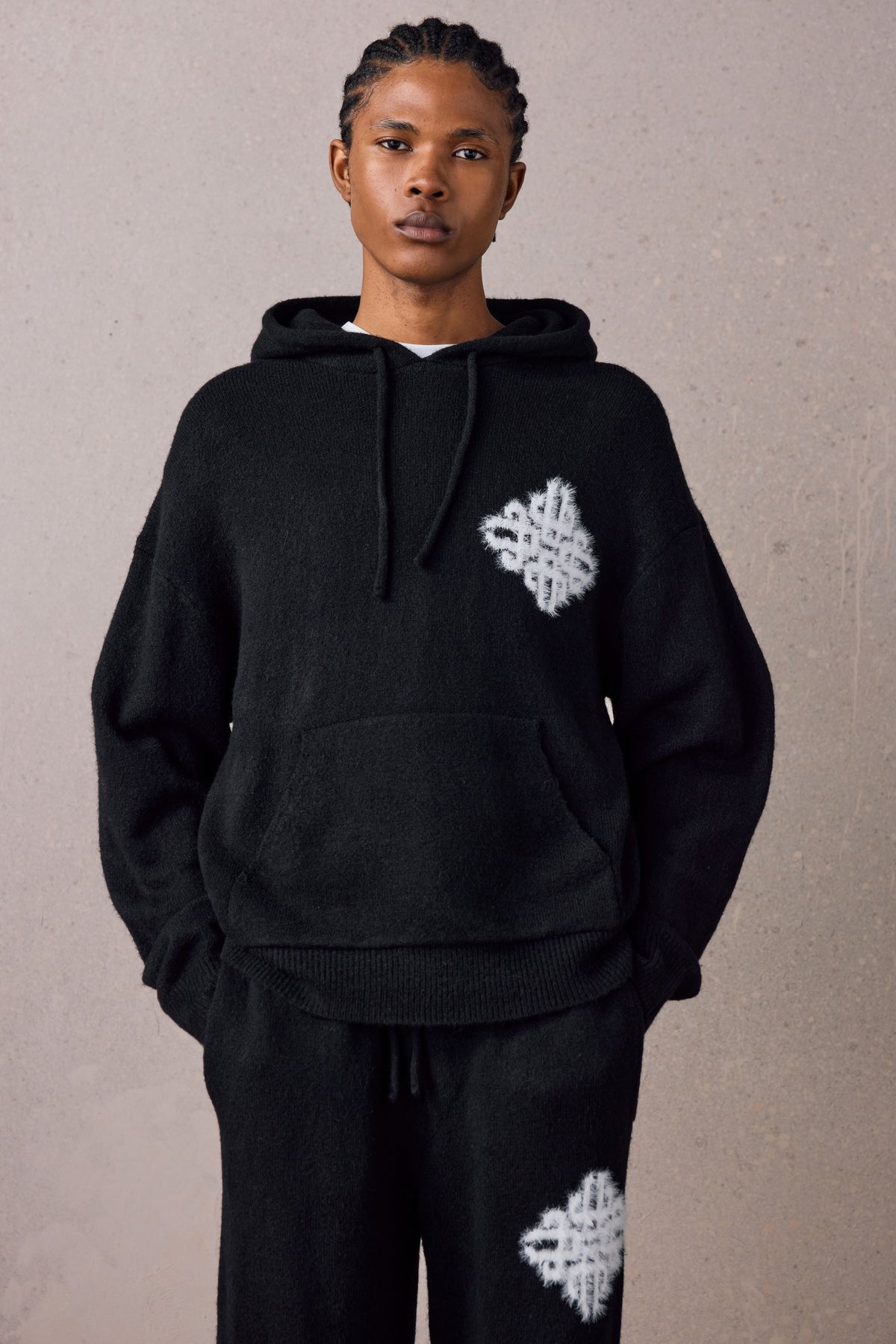 Couture Club Emblem Fluffy Knit Hoodie - Black