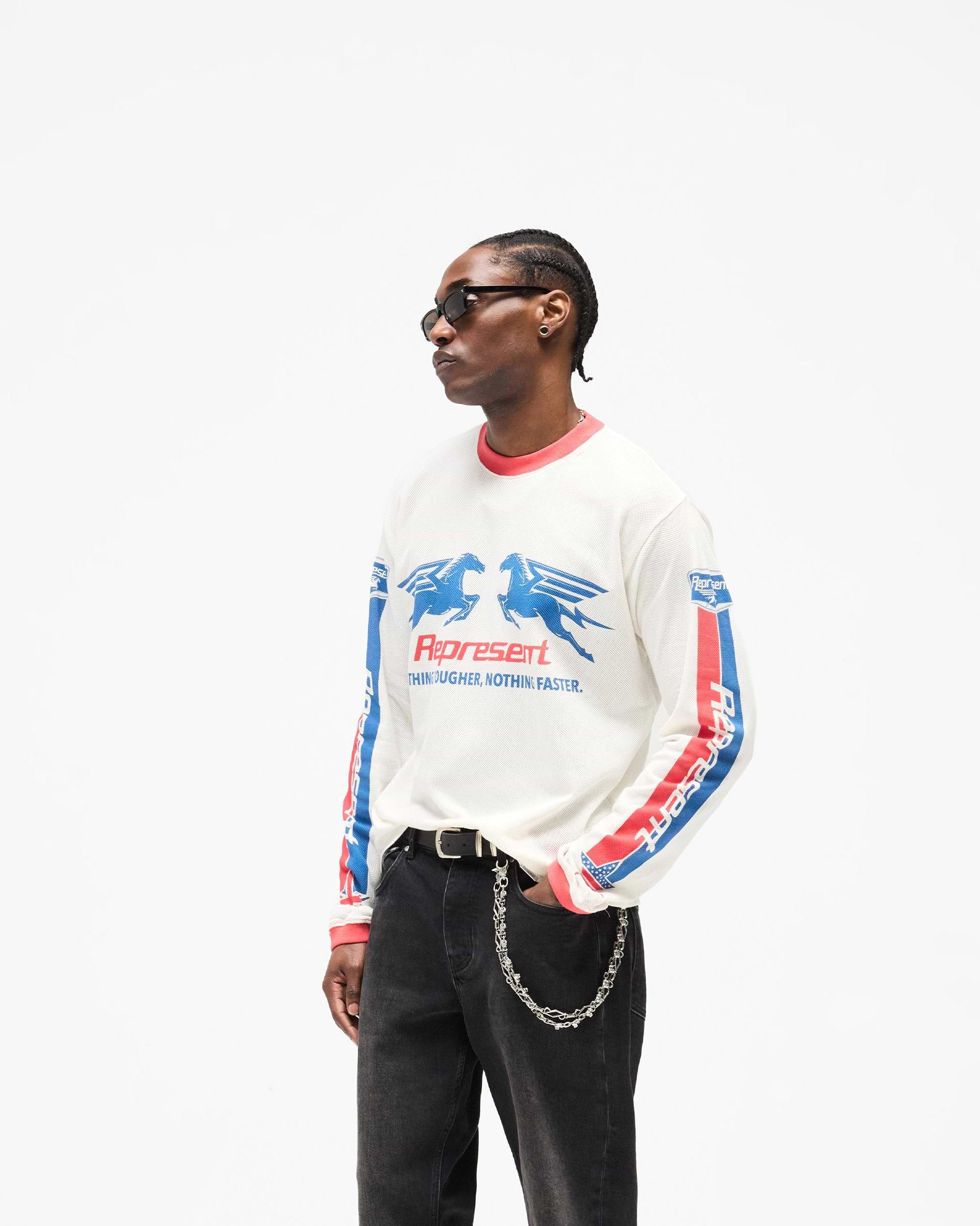 Represent Mesh Pegasus Long Sleeve T-Shirt Flat White