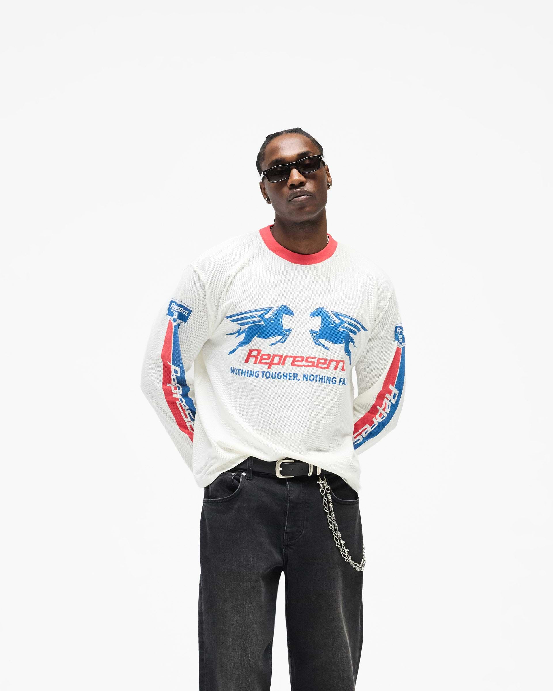 Represent Mesh Pegasus Long Sleeve T-Shirt Flat White