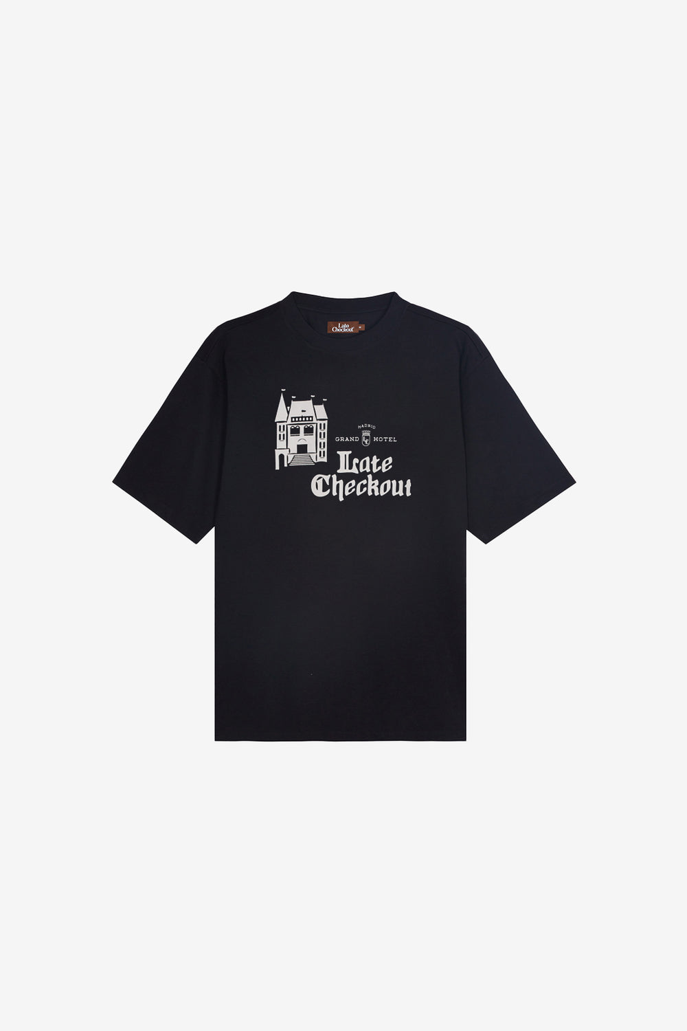 Late Checkout Black Hotel Logo Tee