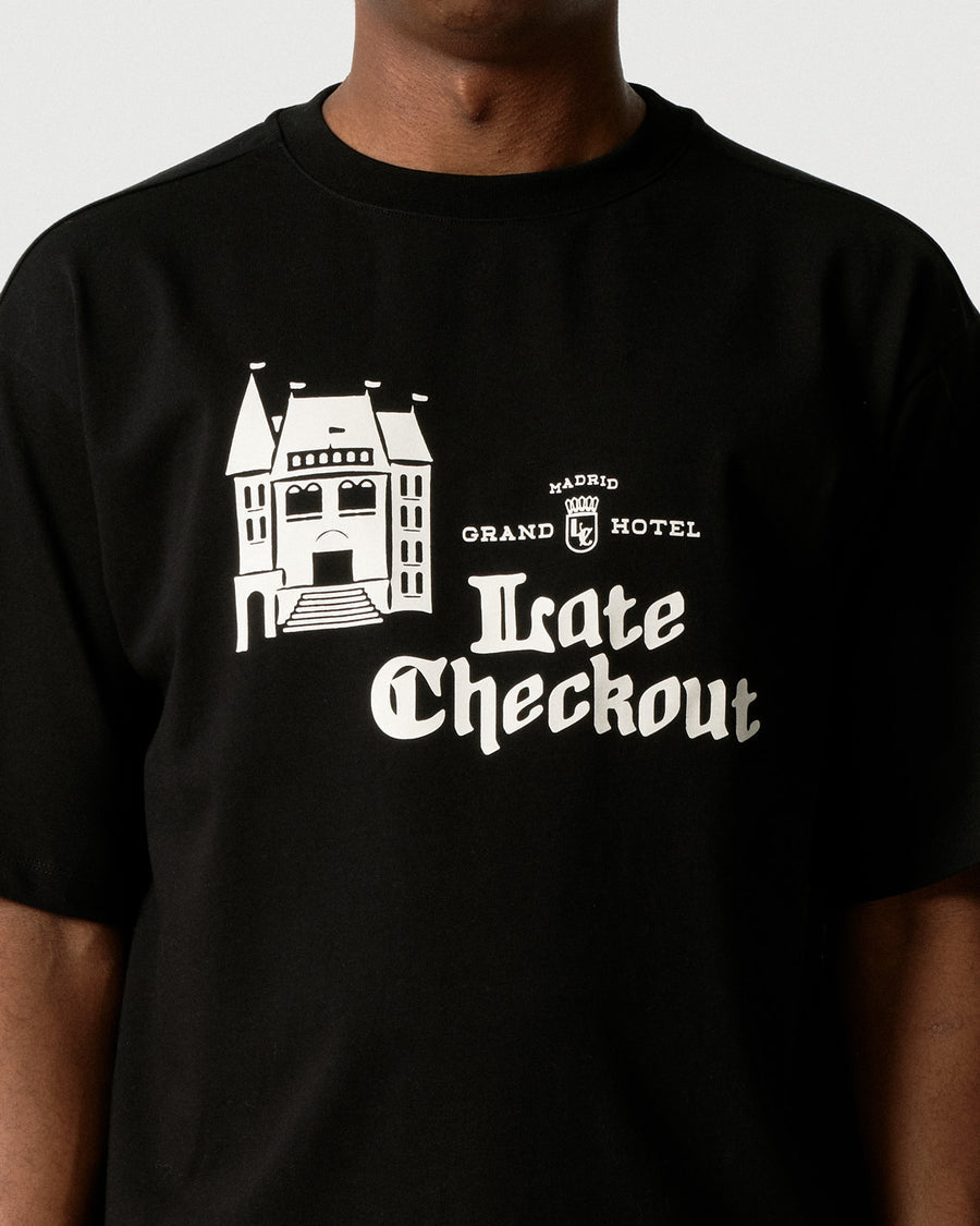 Late Checkout Black Hotel Logo Tee