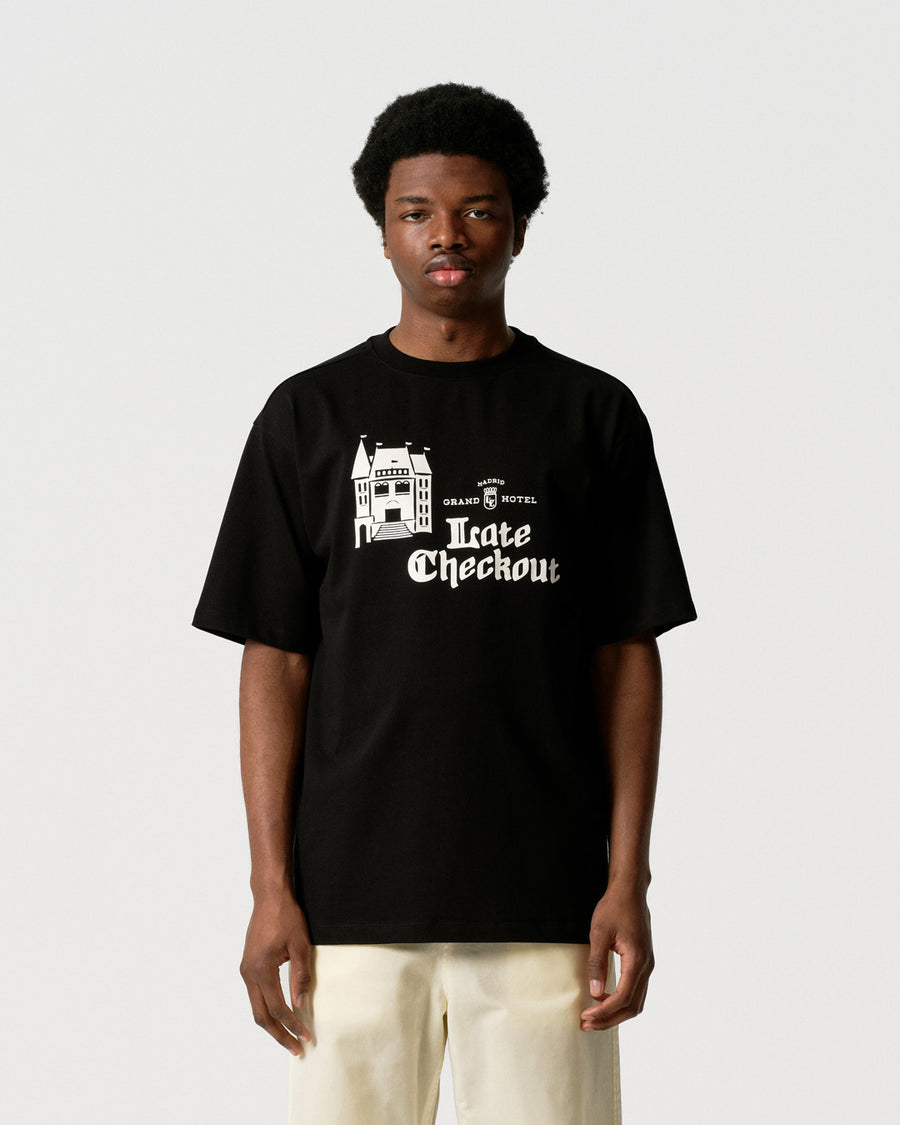 Late Checkout Black Hotel Logo Tee