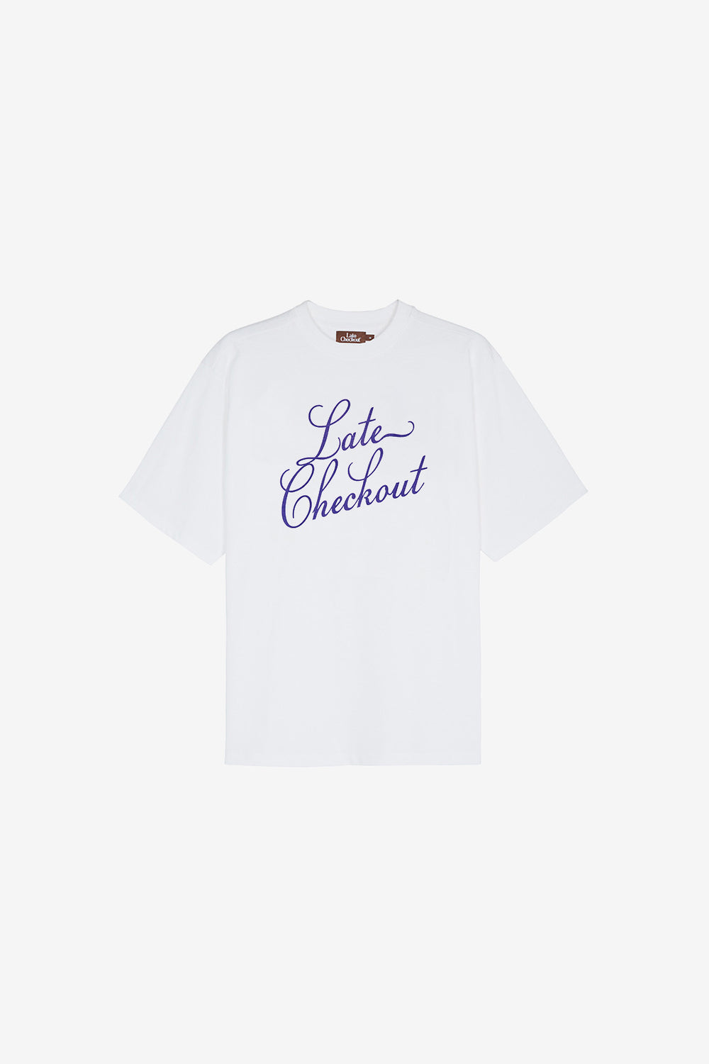 Late Checkout White Blue Script Tee