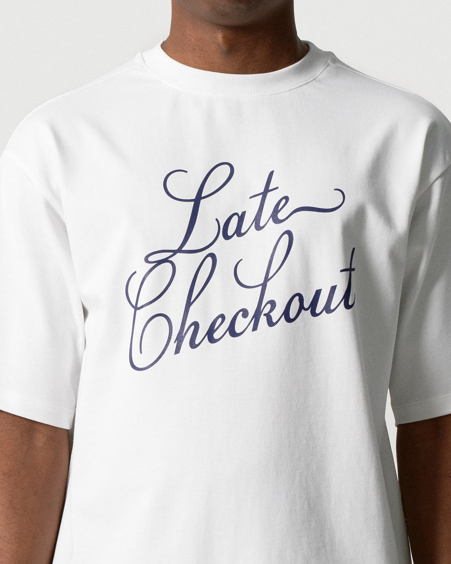 Late Checkout White Blue Script Tee