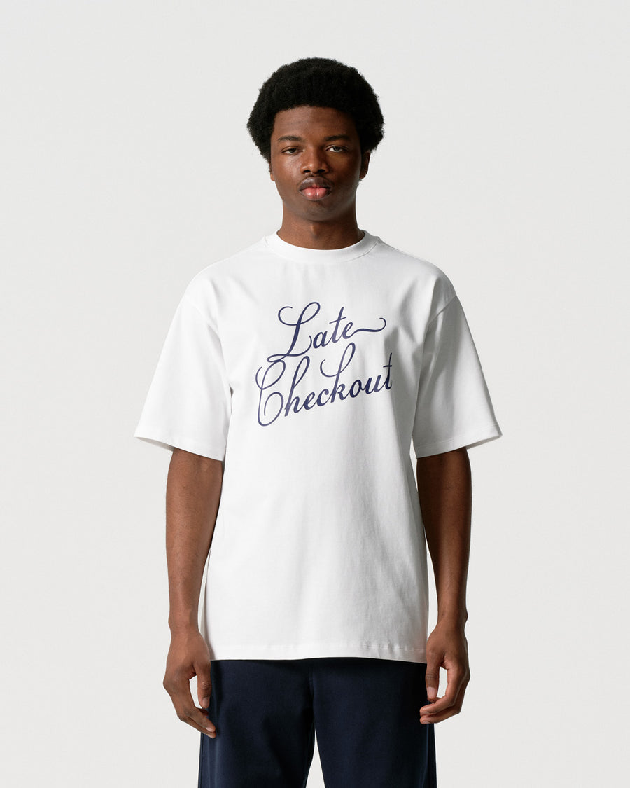 Late Checkout White Blue Script Tee