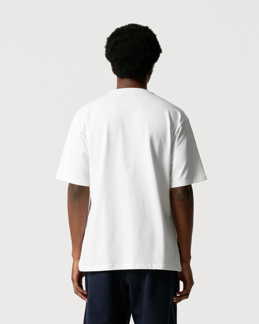 Late Checkout White Blue Script Tee