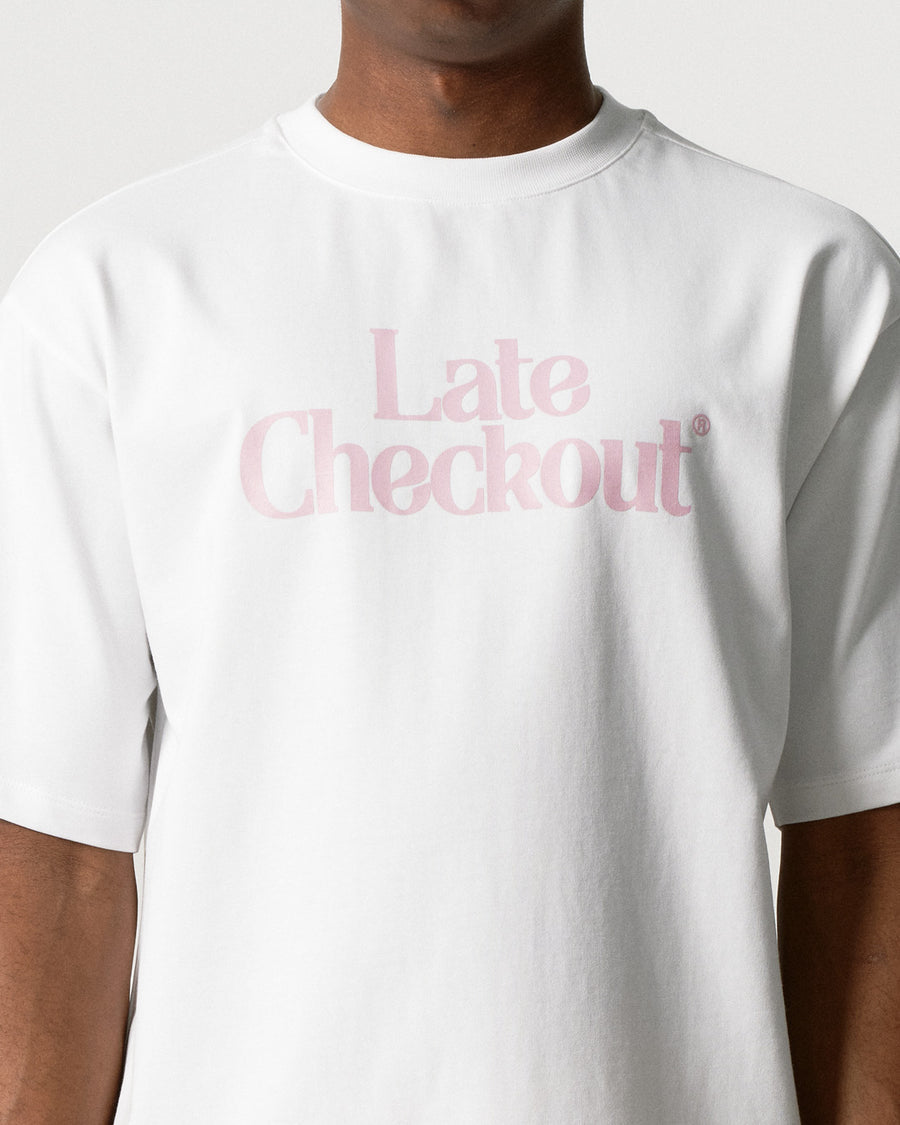 Late Checkout White Pink Logo Tee