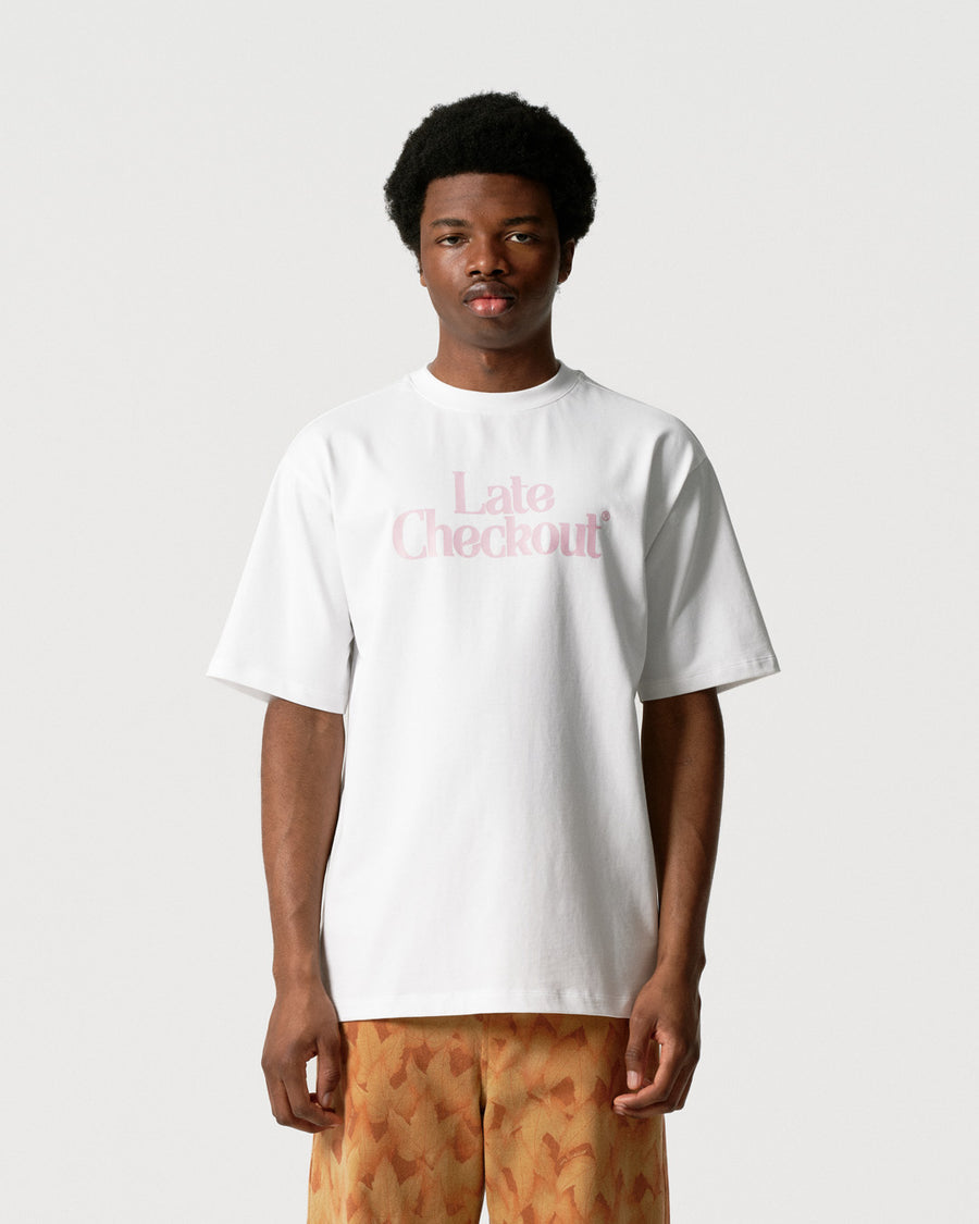 Late Checkout White Pink Logo Tee